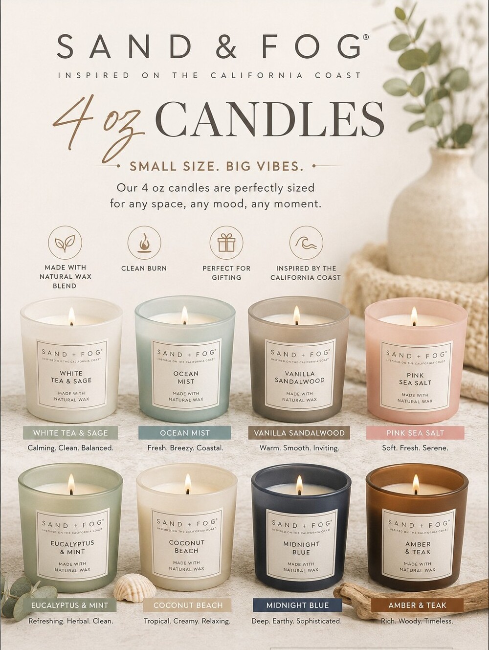 Sand & Fog 4 Oz Candles ~ Various Scents Available